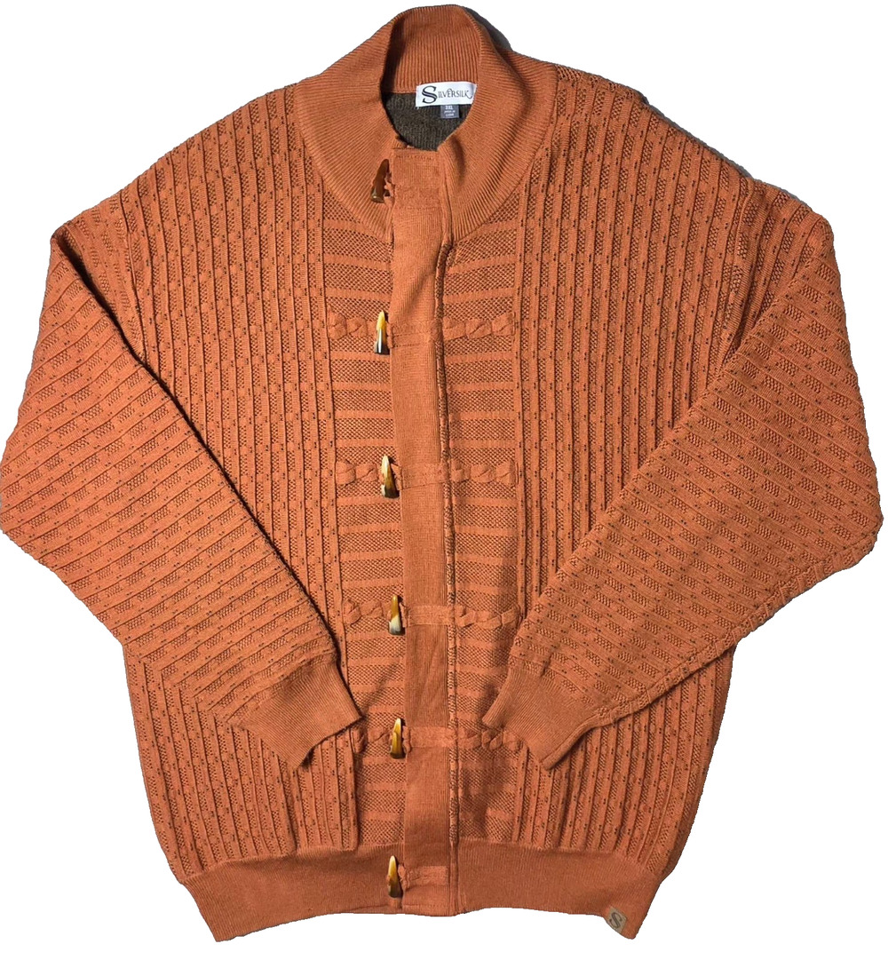 Silversilk 3XLBurnt OrangeCopper FullZip Toggle MockNeck Textured Luxury Sweater